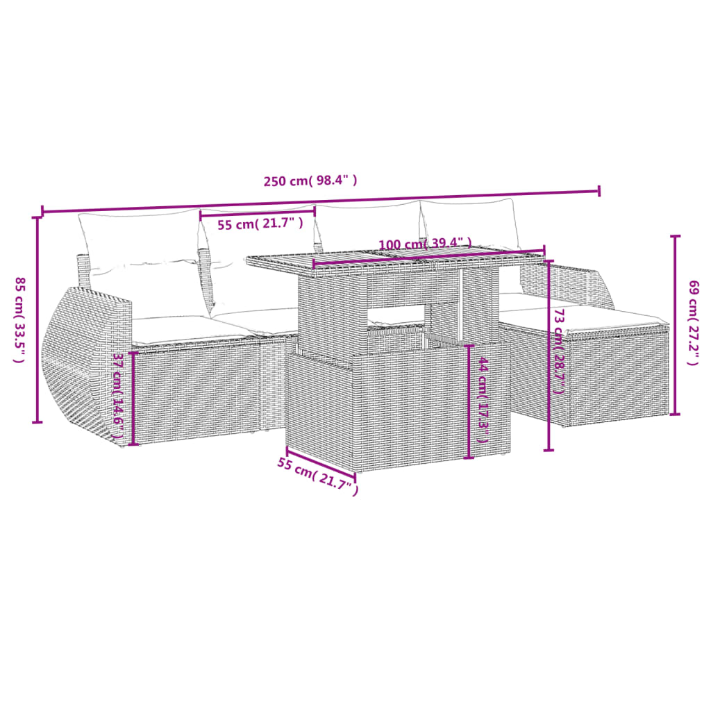 6-tlg. Garten-Sofagarnitur mit Kissen Schwarz Poly Rattan