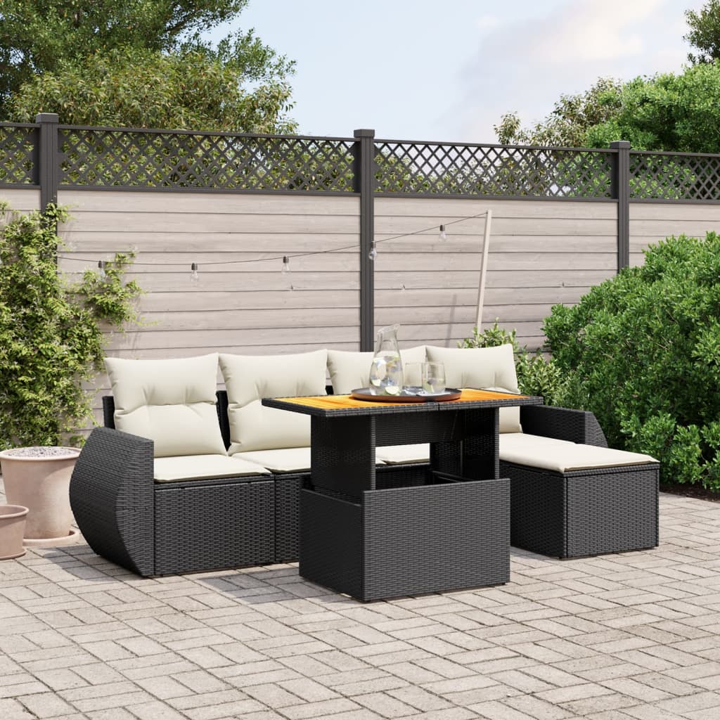 6-tlg. Garten-Sofagarnitur mit Kissen Schwarz Poly Rattan