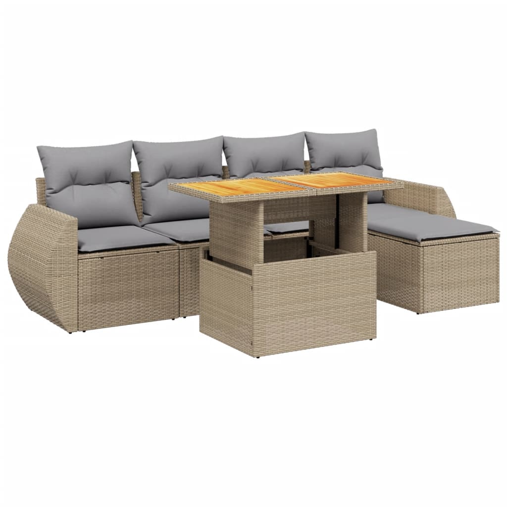 6-tlg. Garten-Sofagarnitur mit Kissen Beige Poly Rattan