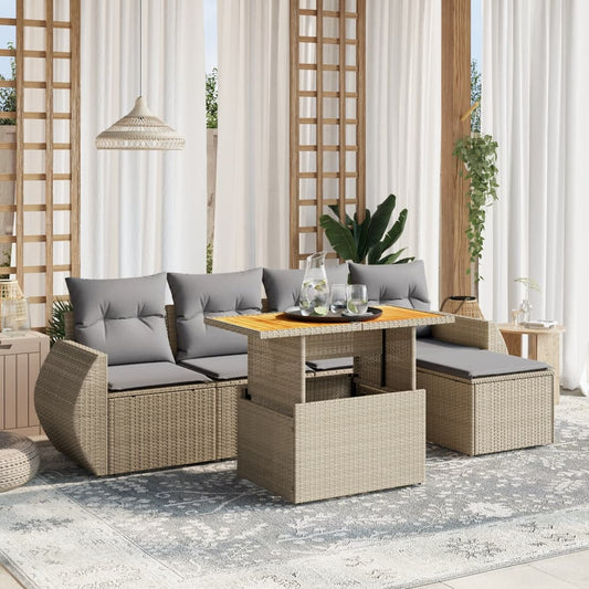 6-tlg. Garten-Sofagarnitur mit Kissen Beige Poly Rattan