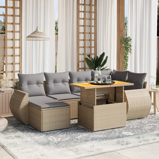 7-tlg. Garten-Sofagarnitur mit Kissen Beige Poly Rattan