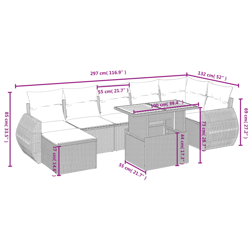 8-tlg. Garten-Sofagarnitur mit Kissen Schwarz Poly Rattan