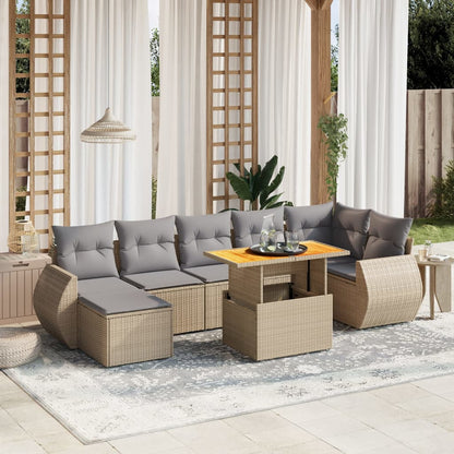 8-tlg. Garten-Sofagarnitur mit Kissen Beige Poly Rattan