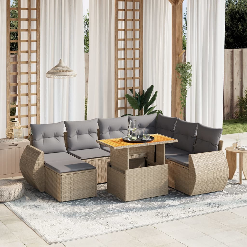 8-tlg. Garten-Sofagarnitur mit Kissen Beige Poly Rattan