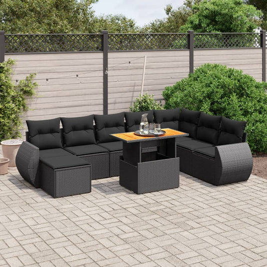 9-tlg. Garten-Sofagarnitur mit Kissen Schwarz Poly Rattan