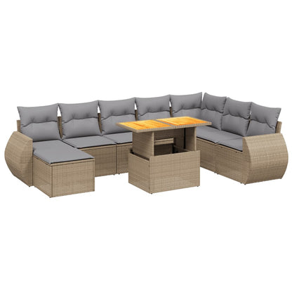 9-tlg. Garten-Sofagarnitur mit Kissen Beige Poly Rattan