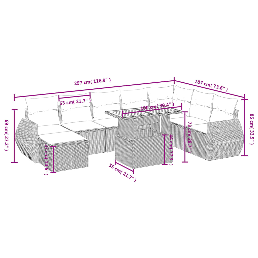 9-tlg. Garten-Sofagarnitur mit Kissen Beige Poly Rattan