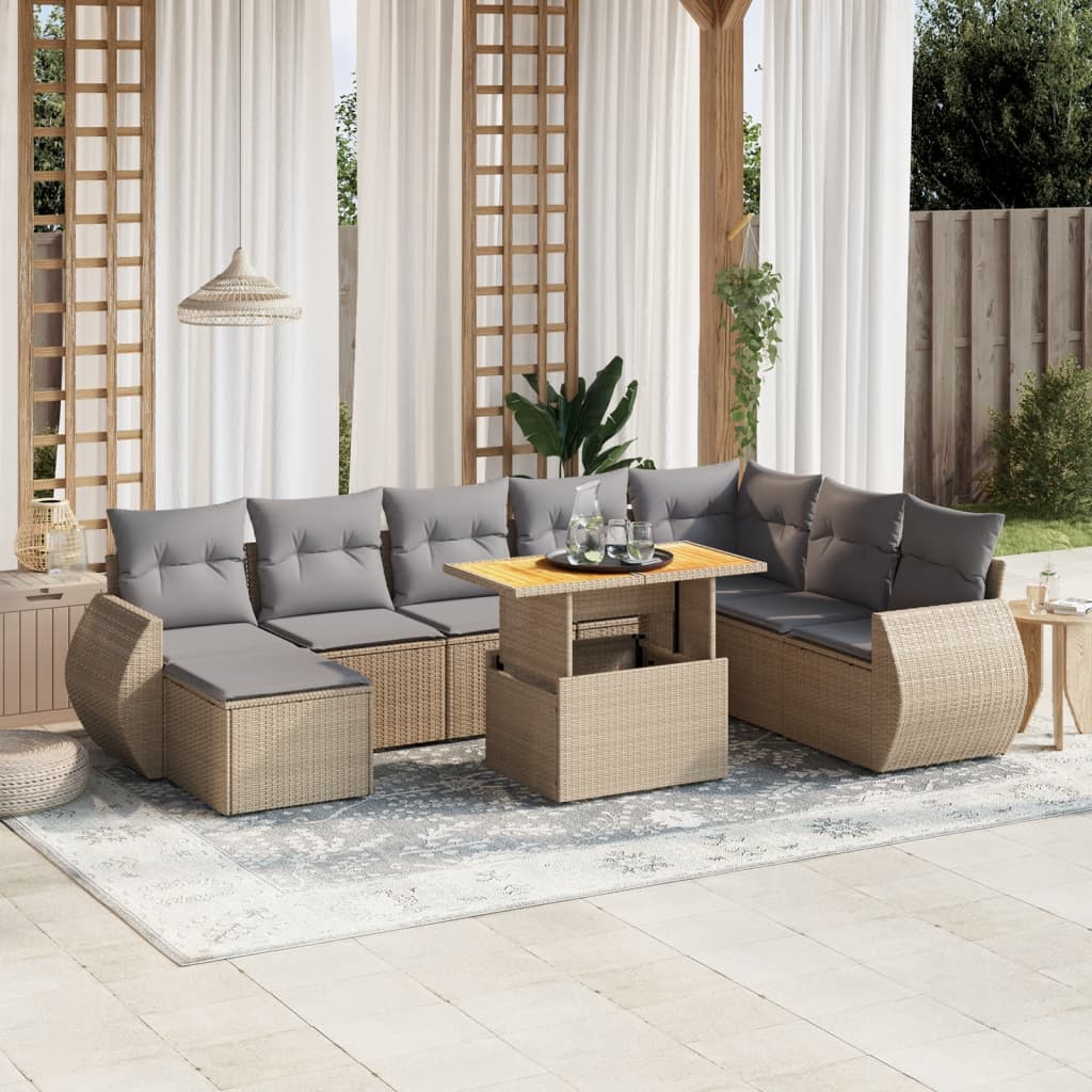 9-tlg. Garten-Sofagarnitur mit Kissen Beige Poly Rattan