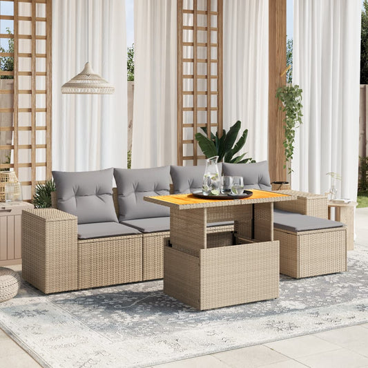 6-tlg. Garten-Sofagarnitur mit Kissen Beige Poly Rattan