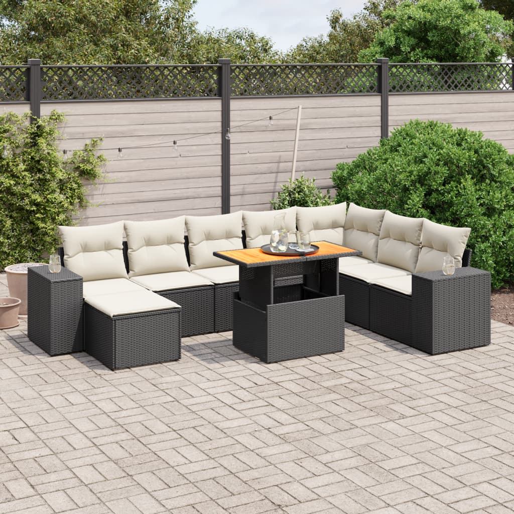 9-tlg. Garten-Sofagarnitur mit Kissen Schwarz Poly Rattan