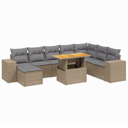 9-tlg. Garten-Sofagarnitur mit Kissen Beige Poly Rattan