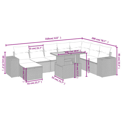 9-tlg. Garten-Sofagarnitur mit Kissen Beige Poly Rattan