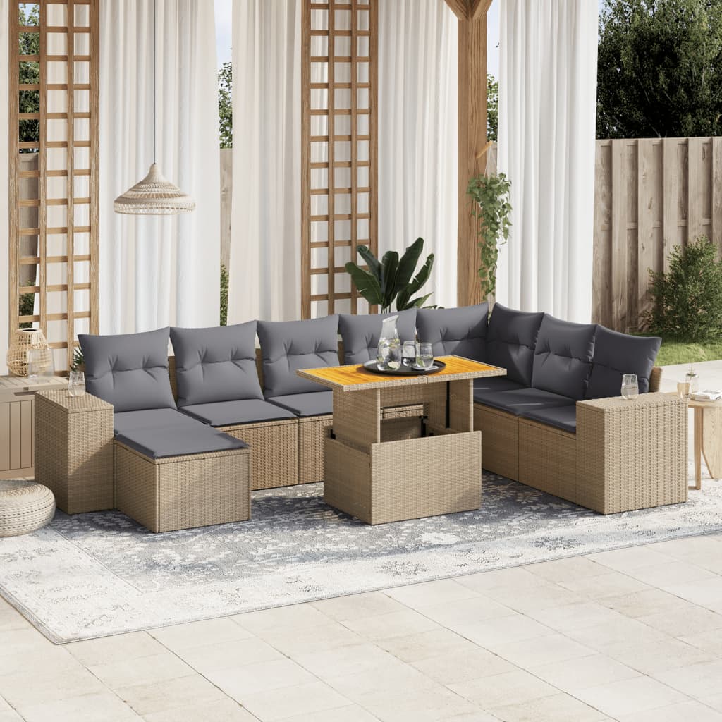 9-tlg. Garten-Sofagarnitur mit Kissen Beige Poly Rattan