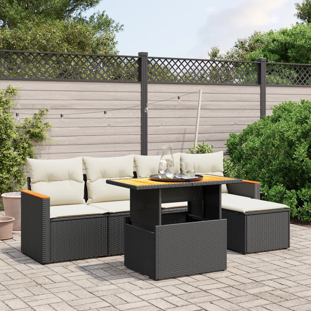 6-tlg. Garten-Sofagarnitur mit Kissen Schwarz Poly Rattan