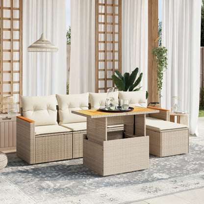 6-tlg. Garten-Sofagarnitur mit Kissen Beige Poly Rattan