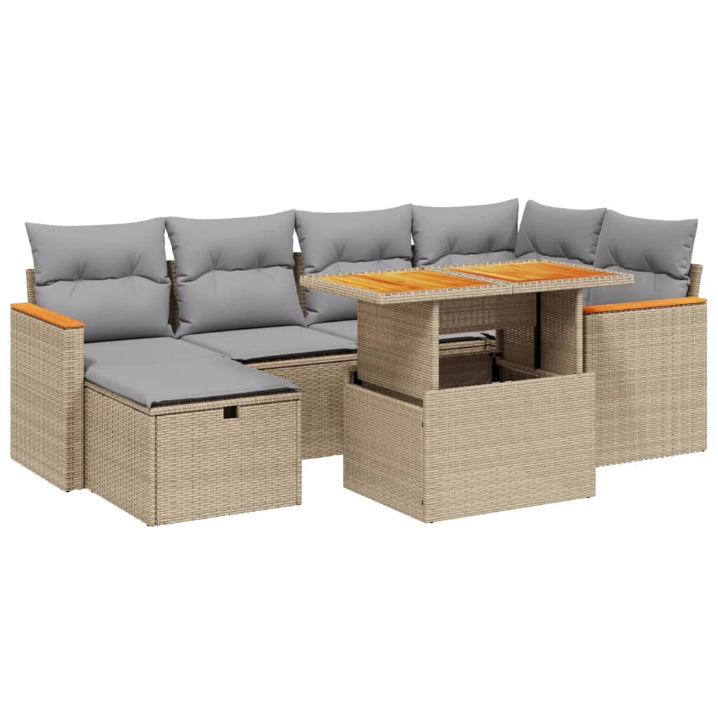 7-tlg. Garten-Sofagarnitur mit Kissen Beige Poly Rattan