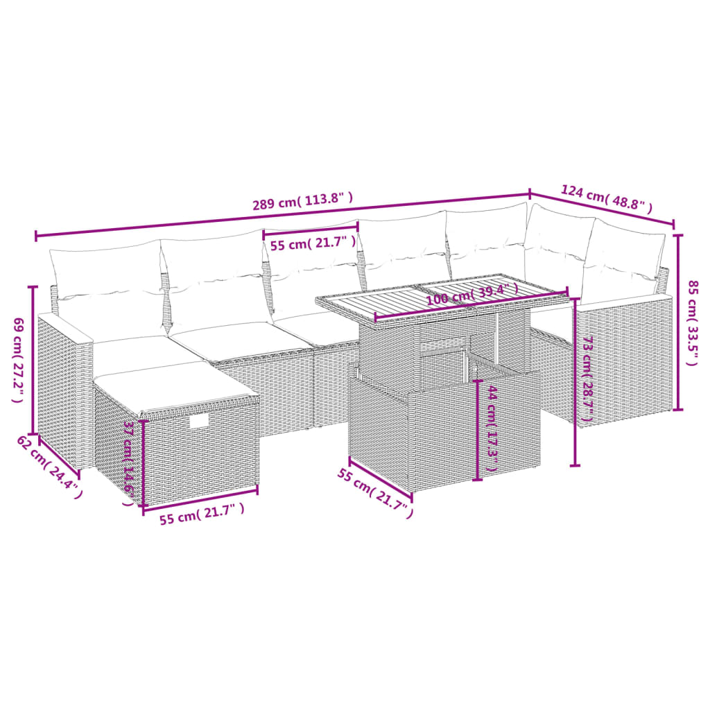 8-tlg. Garten-Sofagarnitur mit Kissen Schwarz Poly Rattan