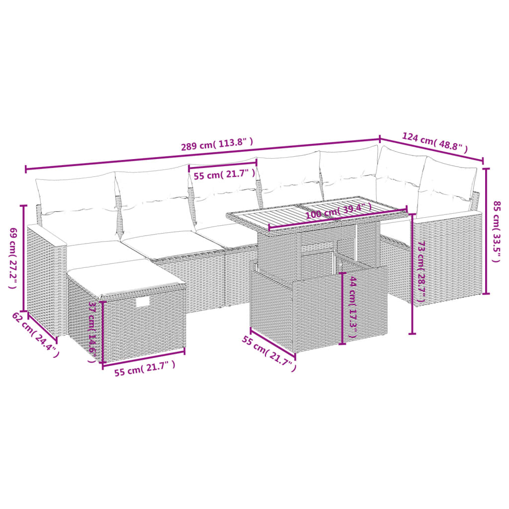 8-tlg. Garten-Sofagarnitur mit Kissen Beige Poly Rattan