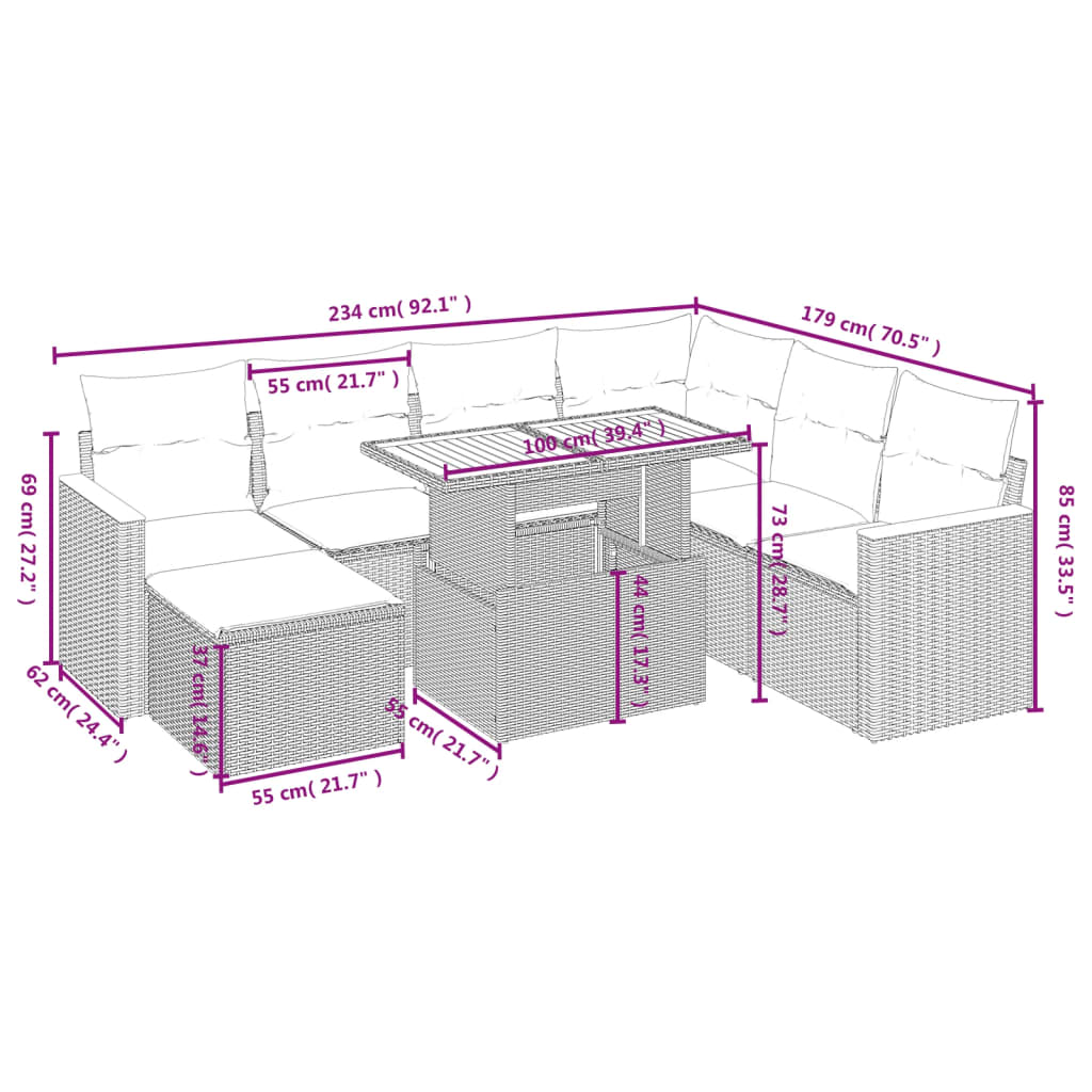 8-tlg. Garten-Sofagarnitur mit Kissen Schwarz Poly Rattan