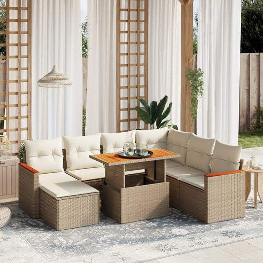 8-tlg. Garten-Sofagarnitur mit Kissen Beige Poly Rattan