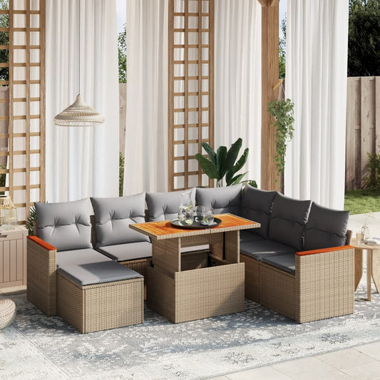 8-tlg. Garten-Sofagarnitur mit Kissen Beige Poly Rattan