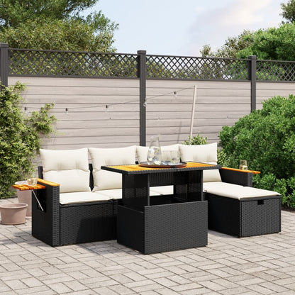 6-tlg. Garten-Sofagarnitur mit Kissen Schwarz Poly Rattan