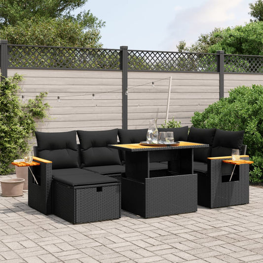 7-tlg. Garten-Sofagarnitur mit Kissen Schwarz Poly Rattan