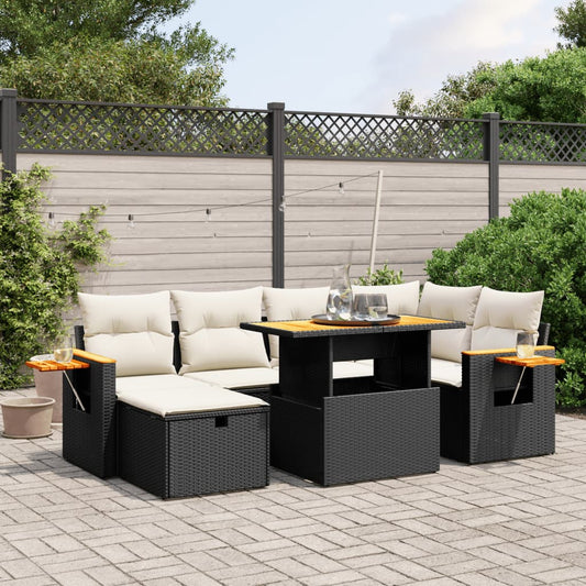 7-tlg. Garten-Sofagarnitur mit Kissen Schwarz Poly Rattan