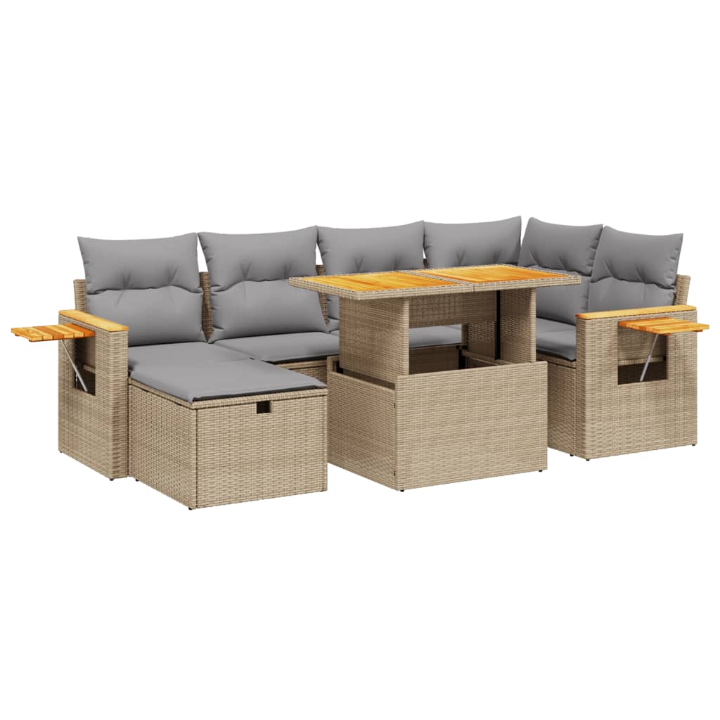 7-tlg. Garten-Sofagarnitur mit Kissen Beige Poly Rattan