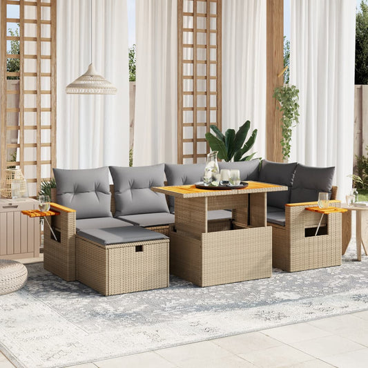 7-tlg. Garten-Sofagarnitur mit Kissen Beige Poly Rattan