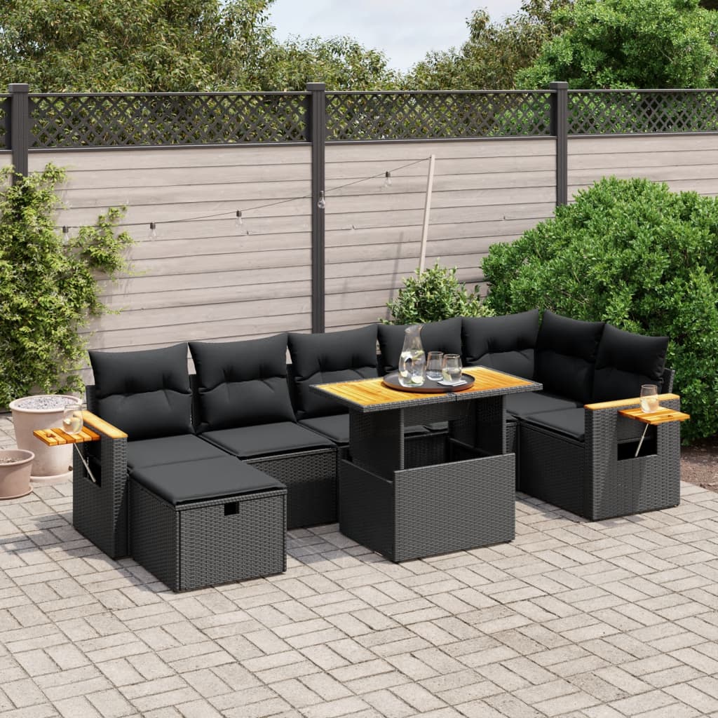 8-tlg. Garten-Sofagarnitur mit Kissen Schwarz Poly Rattan