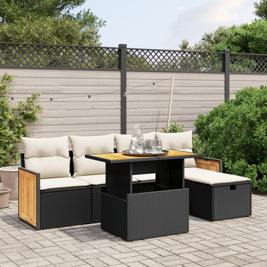 6-tlg. Garten-Sofagarnitur mit Kissen Schwarz Poly Rattan