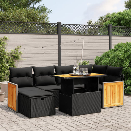 7-tlg. Garten-Sofagarnitur mit Kissen Schwarz Poly Rattan