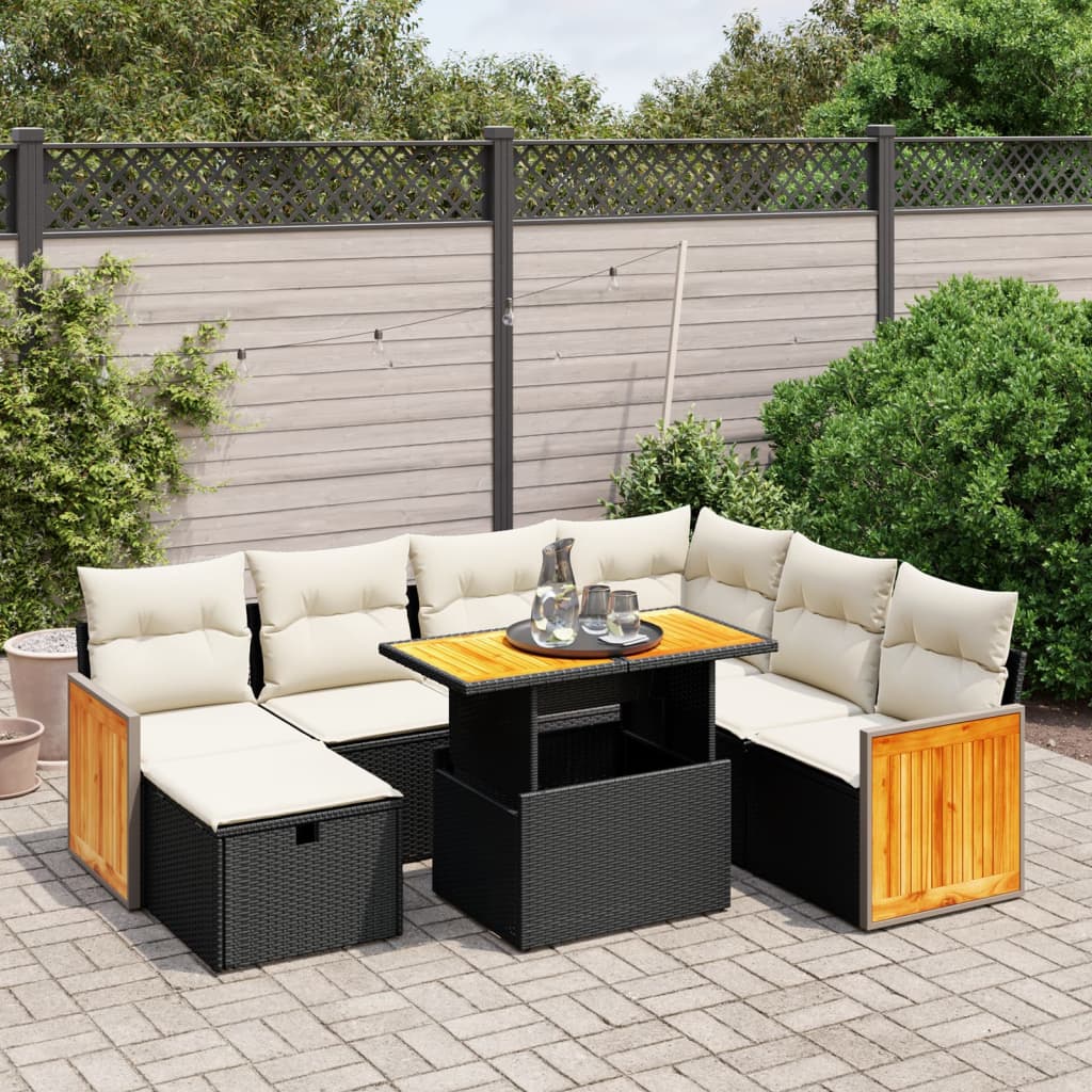 8-tlg. Garten-Sofagarnitur mit Kissen Schwarz Poly Rattan