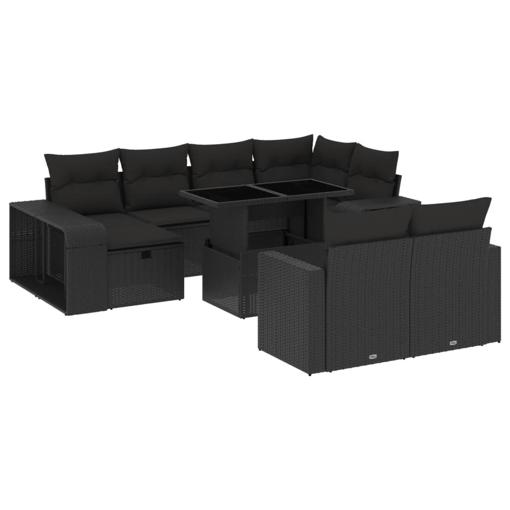 11-tlg. Garten-Sofagarnitur mit Kissen Schwarz Poly Rattan