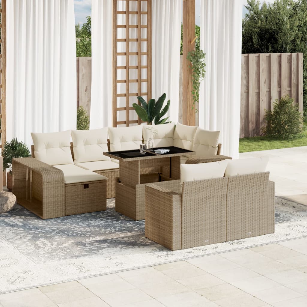 11-tlg. Garten-Sofagarnitur mit Kissen Beige Poly Rattan