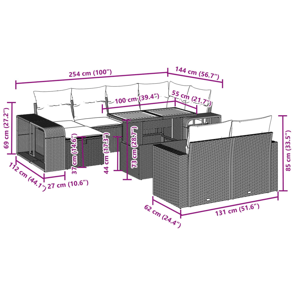 11-tlg. Garten-Sofagarnitur mit Kissen Schwarz Poly Rattan