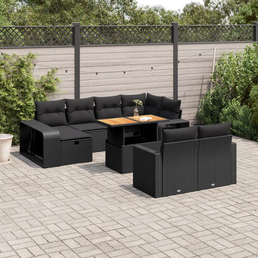 11-tlg. Garten-Sofagarnitur mit Kissen Schwarz Poly Rattan