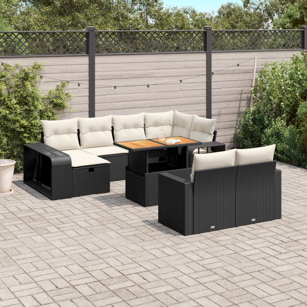 11-tlg. Garten-Sofagarnitur mit Kissen Schwarz Poly Rattan