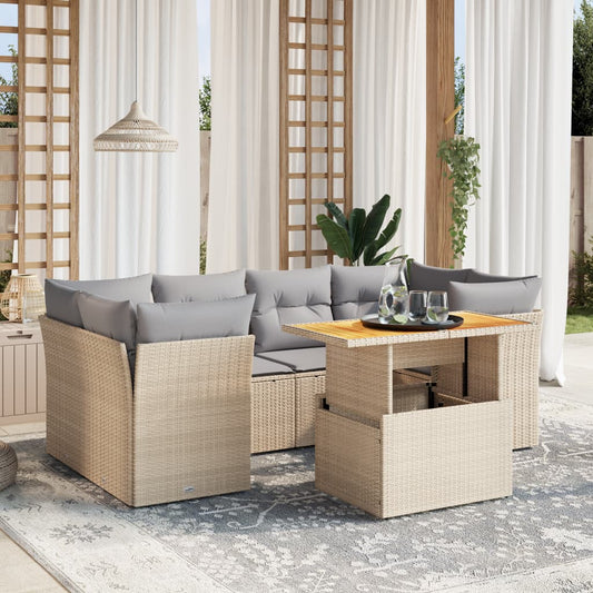 7-tlg. Garten-Sofagarnitur mit Kissen Beige Poly Rattan