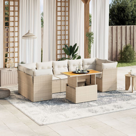 8-tlg. Garten-Sofagarnitur mit Kissen Beige Poly Rattan