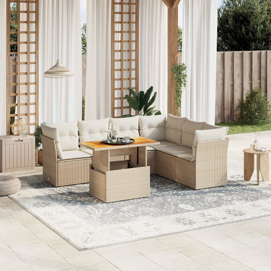 7-tlg. Garten-Sofagarnitur mit Kissen Beige Poly Rattan