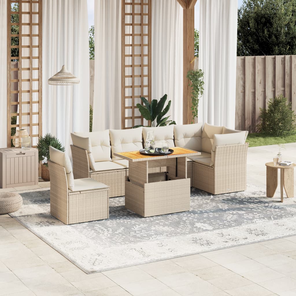 7-tlg. Garten-Sofagarnitur mit Kissen Beige Poly Rattan