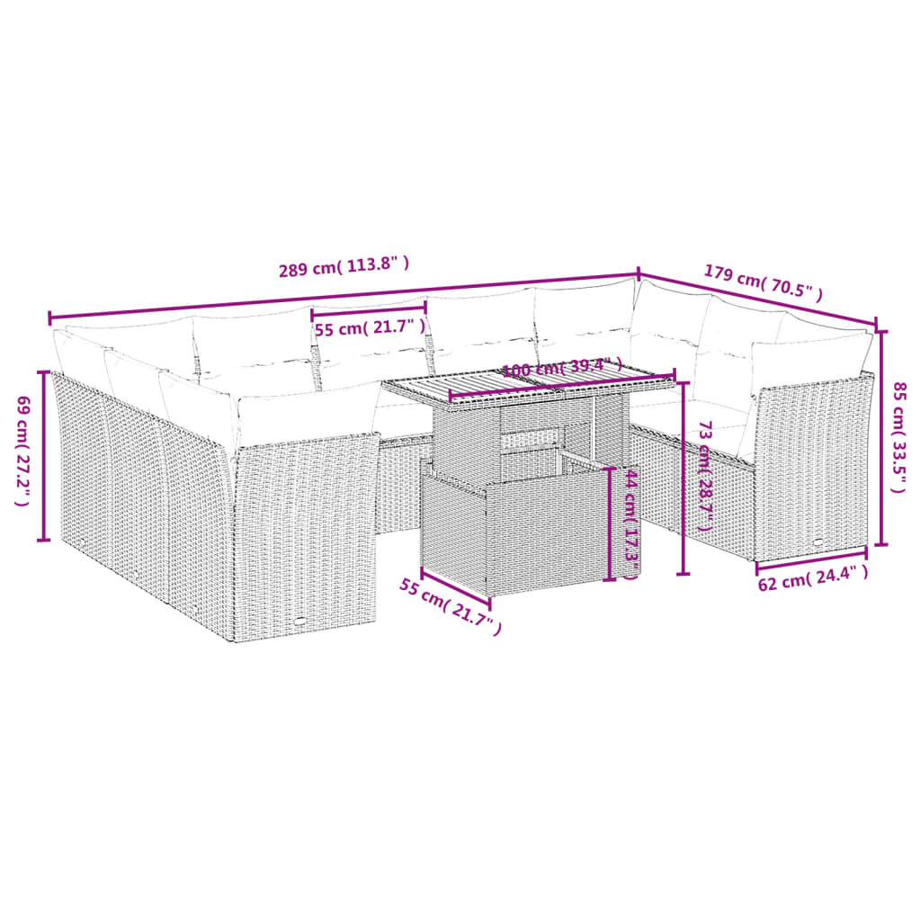 10-tlg. Garten-Sofagarnitur mit Kissen Schwarz Poly Rattan