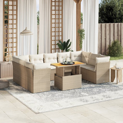 10-tlg. Garten-Sofagarnitur mit Kissen Beige Poly Rattan