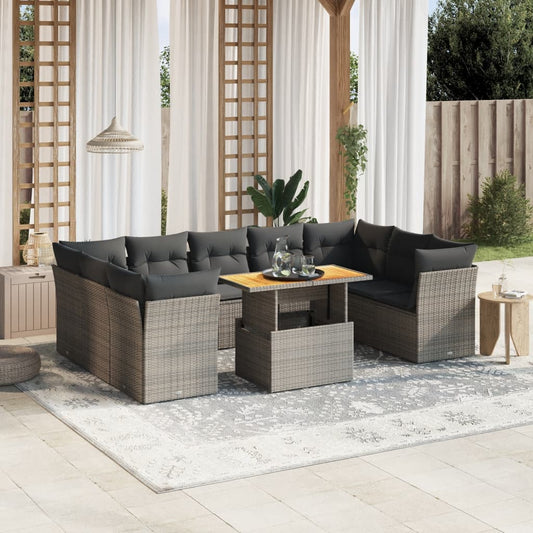 10-tlg. Garten-Sofagarnitur mit Kissen Grau Poly Rattan