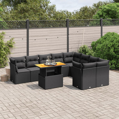 10-tlg. Garten-Sofagarnitur mit Kissen Schwarz Poly Rattan