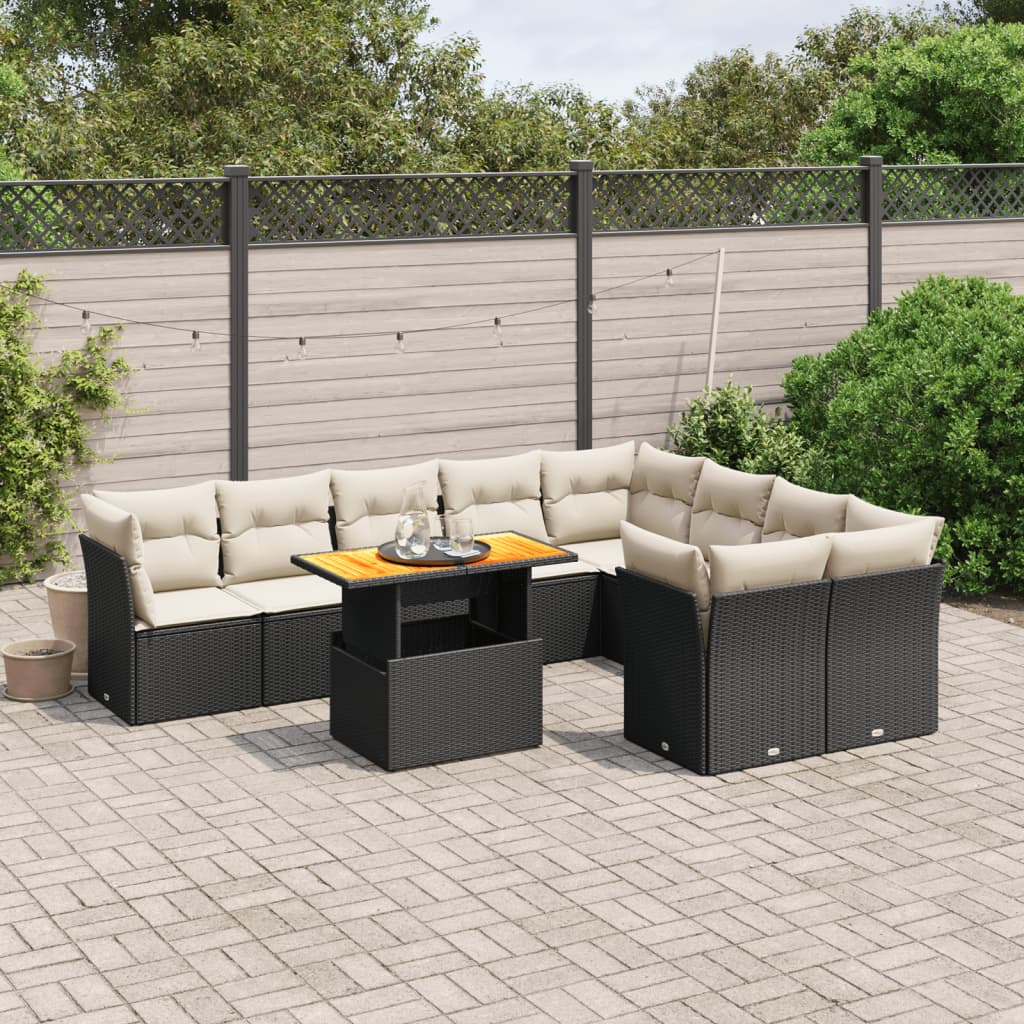 10-tlg. Garten-Sofagarnitur mit Kissen Schwarz Poly Rattan