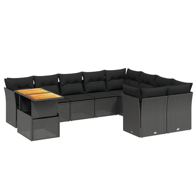 10-tlg. Garten-Sofagarnitur mit Kissen Schwarz Poly Rattan