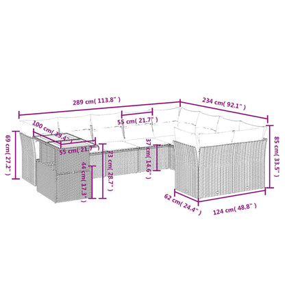 10-tlg. Garten-Sofagarnitur mit Kissen Grau Poly Rattan